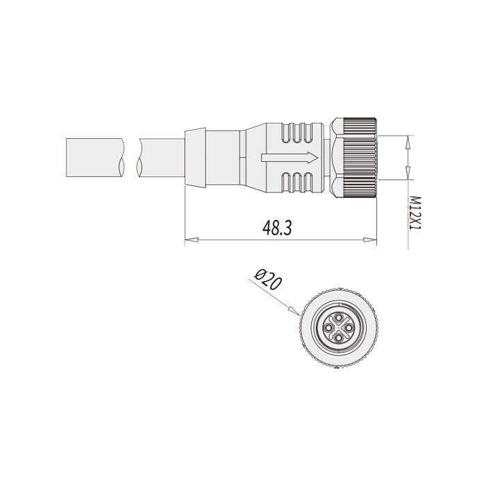 M12 4Pin S-coded、Female straight、Single end pre cast PVC non flexible cable、Gray sheathed、64SP01-XXX