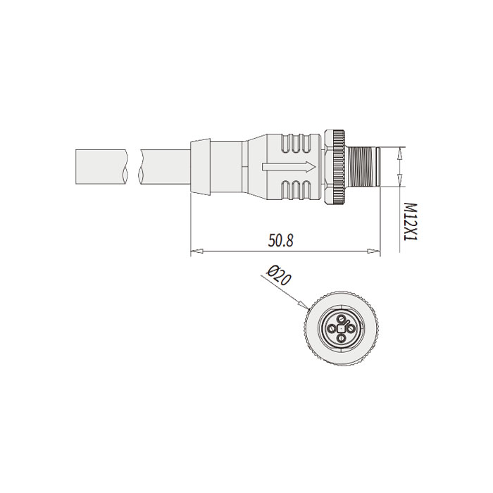 M12 4Pin T-coded、Male straight、Single-ended precast PUR flexible cable、Black sheath、64TP25-XXX