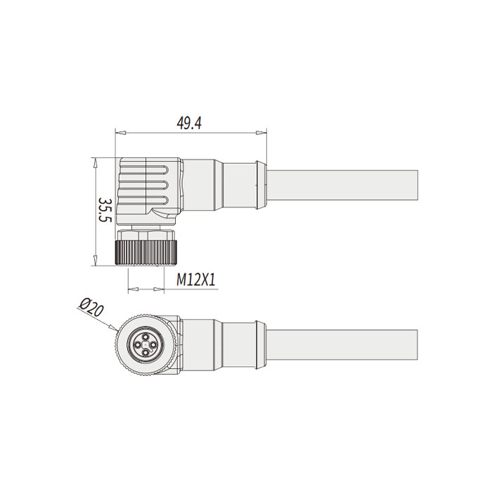 M12 4Pin T-coded、Female 90°、Single-ended precast PUR flexible cable、Black sheath、64TP45-XXX