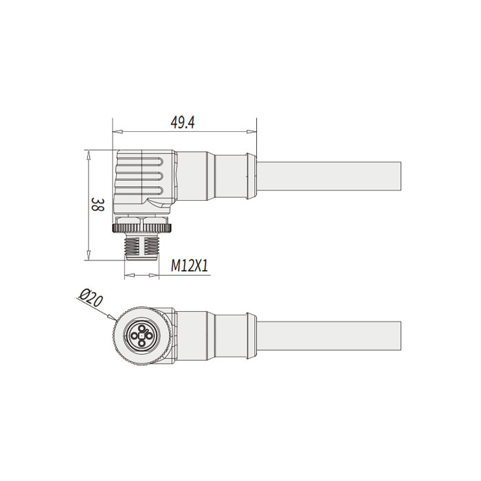 M12 4Pin T-coded、Male 90°、Single-ended precast PUR flexible cable、Black sheath、64TP65-XXX