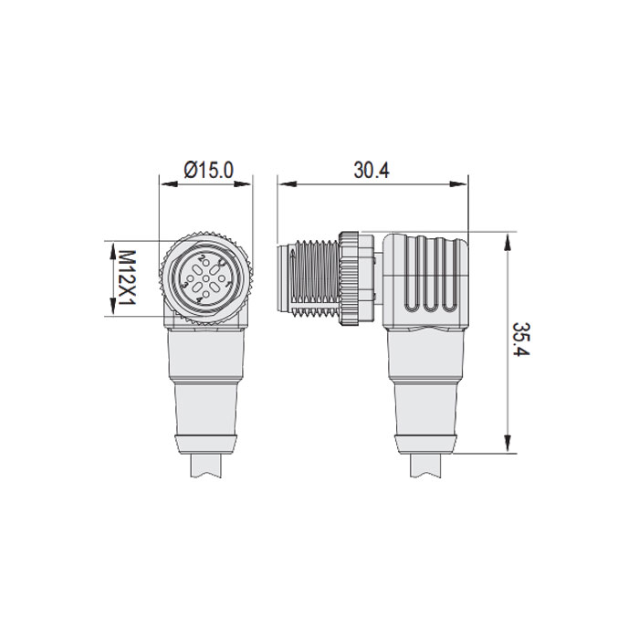 M12 5Pin、Male 90°、Pin 5 gray、Single-ended precast PUR flexible cable、Black sheath、64S561-XXX 