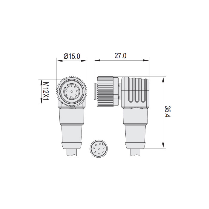 M12 8Pin、Female 90°、Single end pre cast PVC non flexible cable、Gray sheathed、64S345-XXX