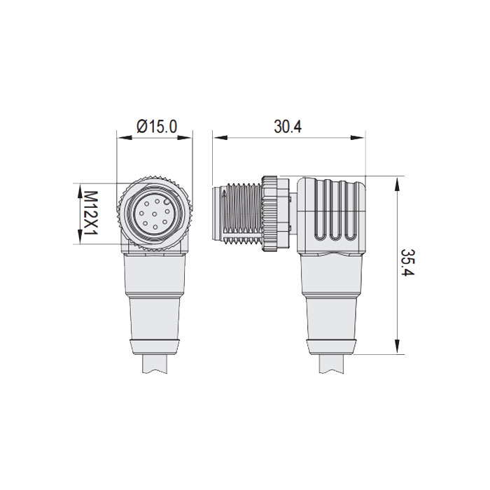 M12 8Pin、Male 90°、Single ended precast PVC non-flexible cable、Gray sheath、64S8R5-XXX