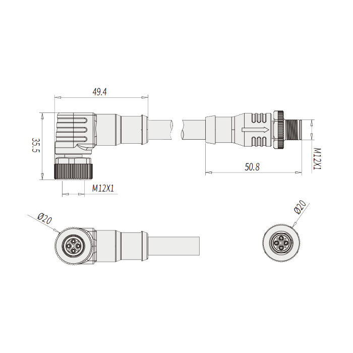 M12 4Pin S-coded、female 90°/male straight、Double-ended precast PUR flexible cable、Black sheath、64SD45-XXX  