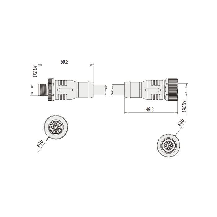 M12 4Pin S-coded、female straight /male straight、Double ended pre cast PVC non flexible cable、Gray sheathed、64SD01-XXX