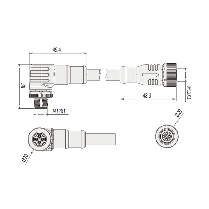 M12 4Pin S-coded、female straight/male 90°、Double ended pre cast PVC non flexible cable、Gray sheathed、64SD21-XXX