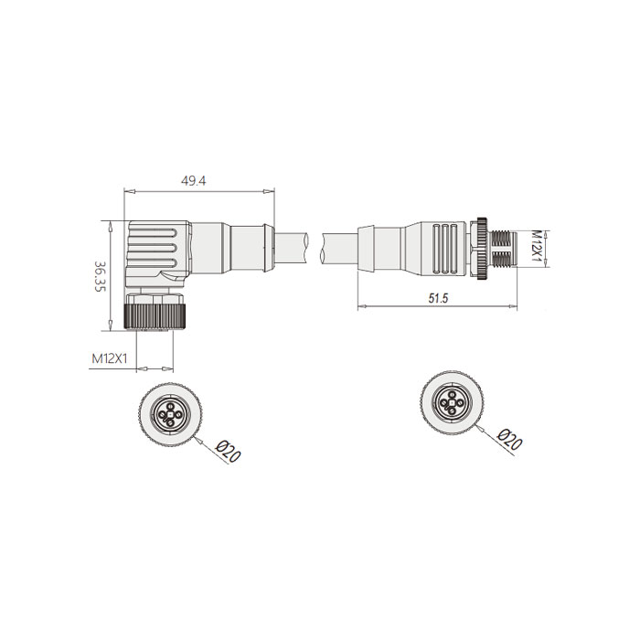 M12 4Pin T-coded、 female 90°/ male straight、Double ended pre cast PVC non flexible cable、Gray sheathed、64TD41-XXX