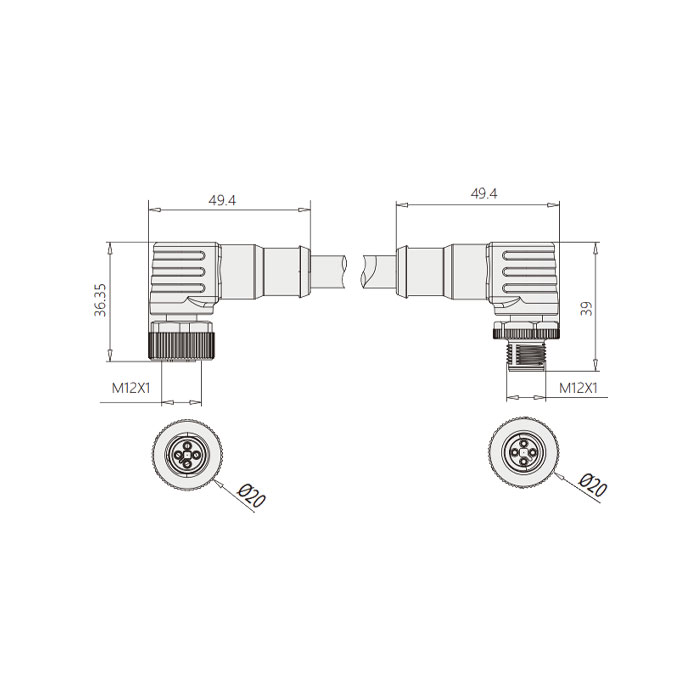 M12 4Pin T-coded、 female 90°/ male 90°、Double ended pre cast PVC non flexible cable、Gray sheathed、64TD61-XXX