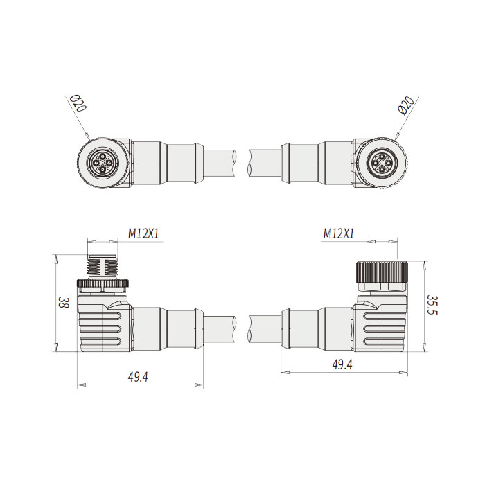 M12 4Pin S-coded、female 90°/male 90°、Double-ended precast PUR flexible cable、Black sheath、64SD65-XXX