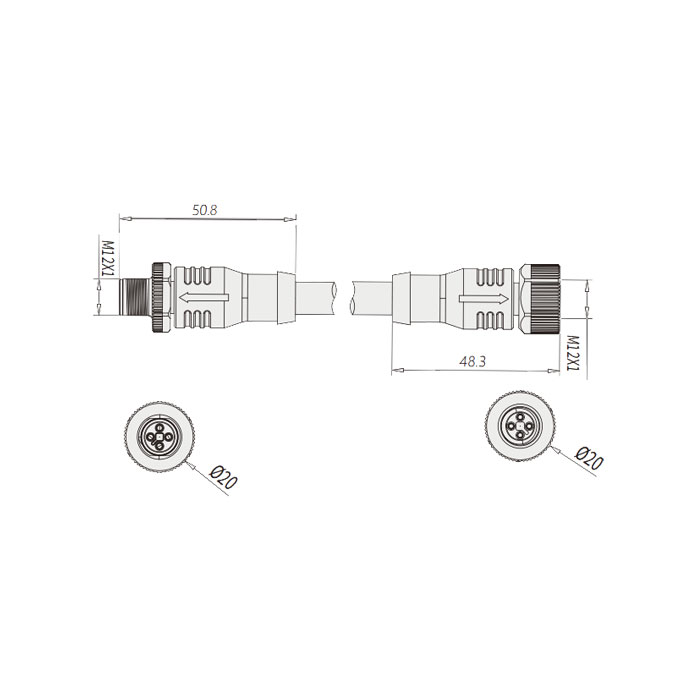 M12 4Pin T-coded、 female straight/ male straight、Double ended pre cast PVC non flexible cable、Gray sheathed、64TD01-XXX