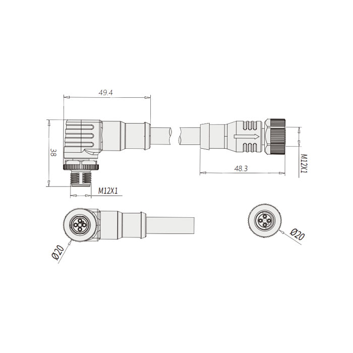 M12 4Pin T-coded、female straight / male 90°、Double ended pre cast PVC non flexible cable、Yellow sheathed、64TD23-XXX