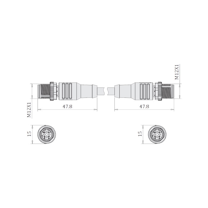 M12 4Pin D-coded、male straight/ male straight、Double-ended pre-molded PVC non-flexible cable、With shield、Grey sheath,、64DD27-XXX