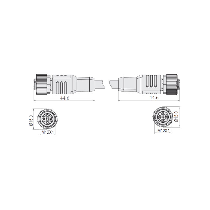 M12 4Pin D-coded、female straight/ female  straight、Double-ended pre-molded PVC non-flexible cable、With shield、Grey sheath,、64DD67-XXX