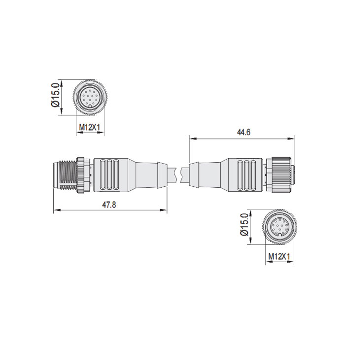 M12 12Pin、female straight/male straight、Double-ended pre-molded PUR flexible cable、Black sheath,、64DA12-XXX