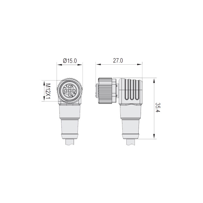 M12 4Pin、female 90°、Single-ended precast anti-welding slag PUR cable,、Orange sheath、64T063-XXX