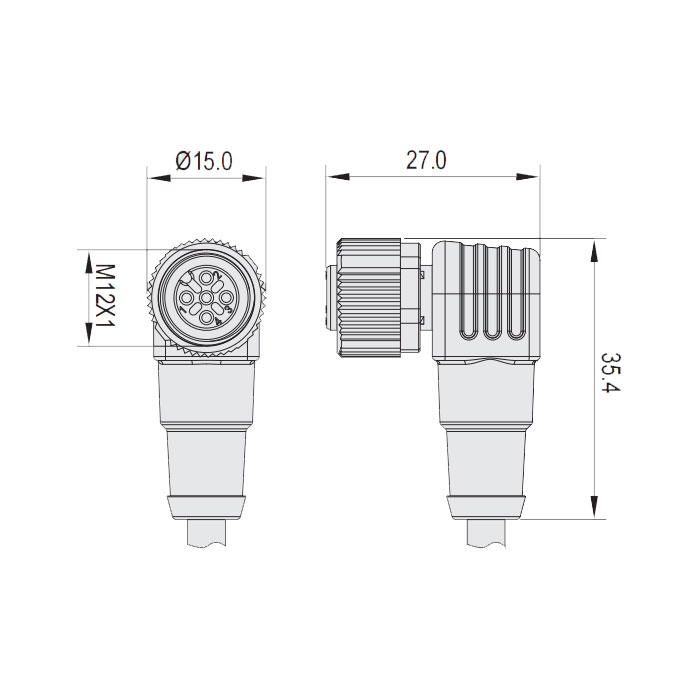 M12 4Pin、female 90°、With LED light、Single-ended precast anti-welding slag PUR cable,、Orange sheath、64T083-XXX