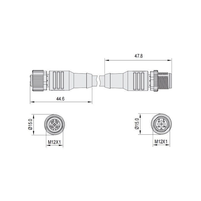 M12 4Pin、female straight/male straight、Double-ended precast anti-welding slag PUR flexible cable,、Yellow sheath、64T101-XXX