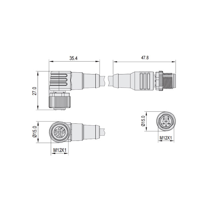 M12 4Pin、female 90° With LED light/male straight、Double-ended precast anti-welding slag PUR flexible cable,、Yellow sheath、64T121-XXX