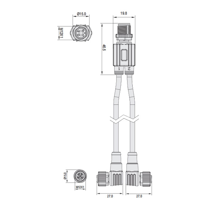 M12 4Pin male straight/2M12 3Pin female 90°、Y-type precast anti-welding slag PUR flexible cable、Orange sheath、64T203-XXX