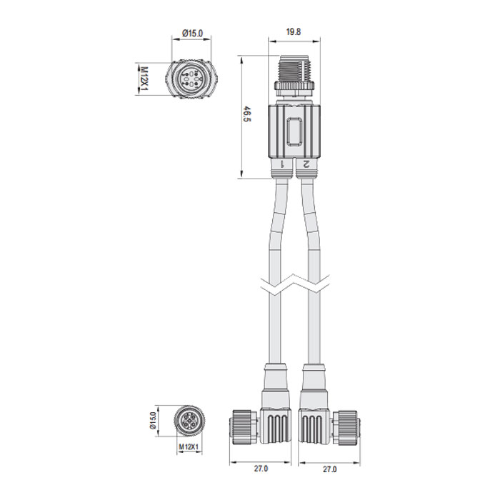 M12 4Pin male straight/2M12 3Pin female 90°With LED light、Y-type precast anti-welding slag PUR flexible cable、Orange sheath、64T183-XXX