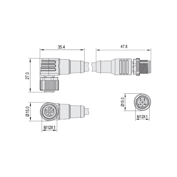 M12 5Pin、female 90°/male straight、Double-ended precast anti-welding slag PUR flexible cable,、Yellow sheath、64T551-XXX