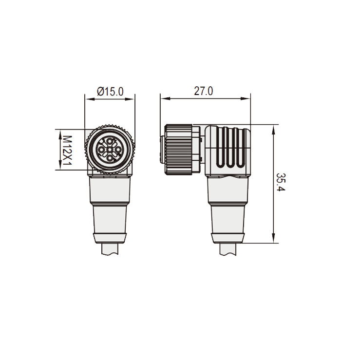 M12 3Pin、 female 90°、With LED light、IP69K-ECOLAB、Food grade、Single-ended precast PVC non-flexible cable、Gray sheath、64E003-XXX