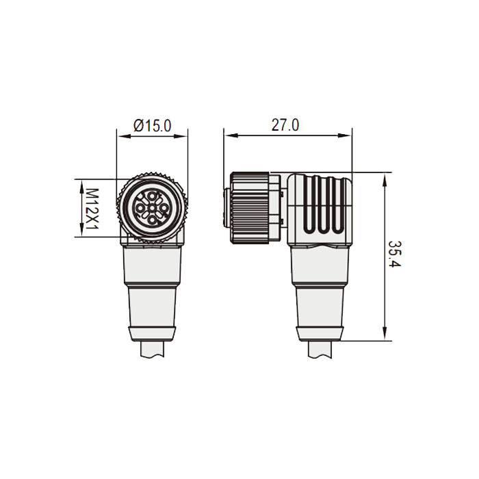 M12 4Pin、 female 90°、With LED light、IP69K-ECOLAB、Food grade、Single-ended precast PUR flexible cable、Black sheath、64E061-XXX