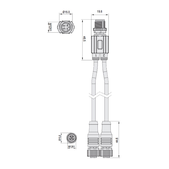 M12 4Pin male straight/2M12 3Pin female straight,、IP69K-ECOLAB、Food grade、Y-shaped precast PVC non-flexible cable、Gray sheath、64E403-XXX