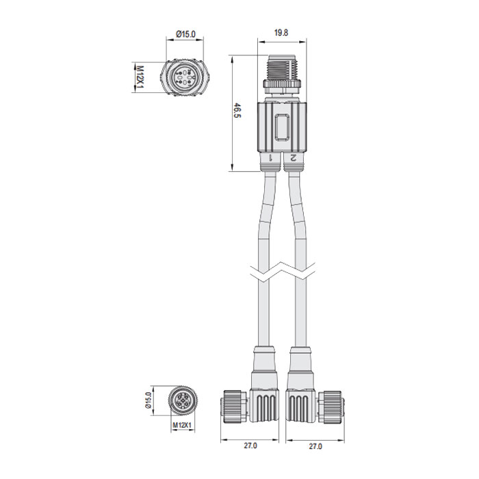 M12 4Pin male straight/2M12 3Pin female 90°、IP69K-ECOLAB、Food grade、Y-shaped precast PVC non-flexible cable、Gray sheath、64E443-XXX