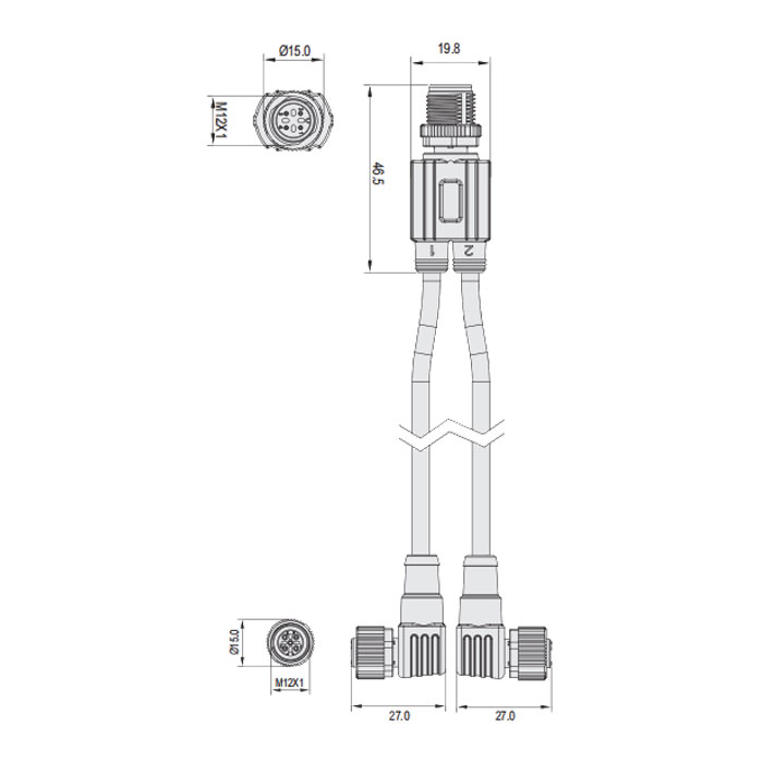 M12 4Pin male straight/2M12 3Pin female 90°、With LED light、IP69K-ECOLAB、Food grade、Y-shaped precast PUR flexible cable、Black sheath、64E421-XXX