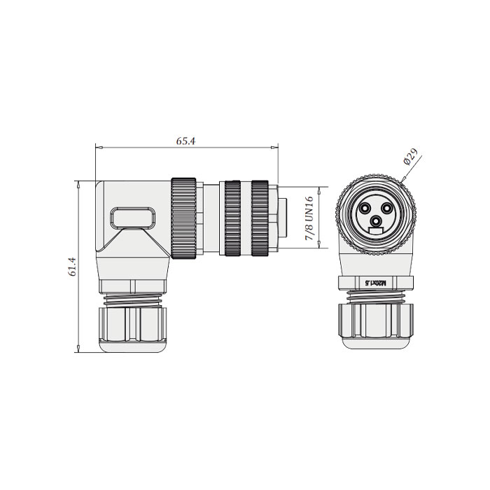 7/8" 3 Pin、Female 90°、Screw connection、0PF083