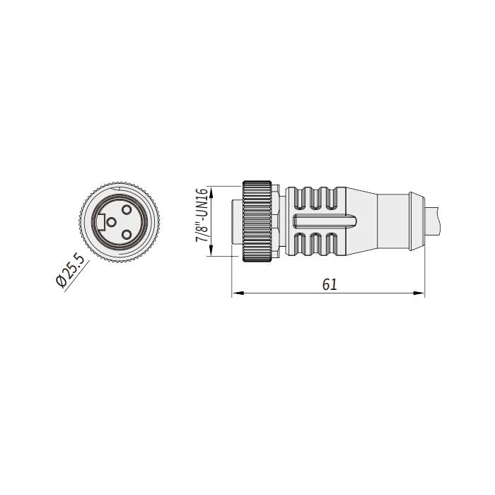 7/8”3Pin、Female straight、Single-ended precast PUR flexible cable、Black sheath、0PI365-XXX