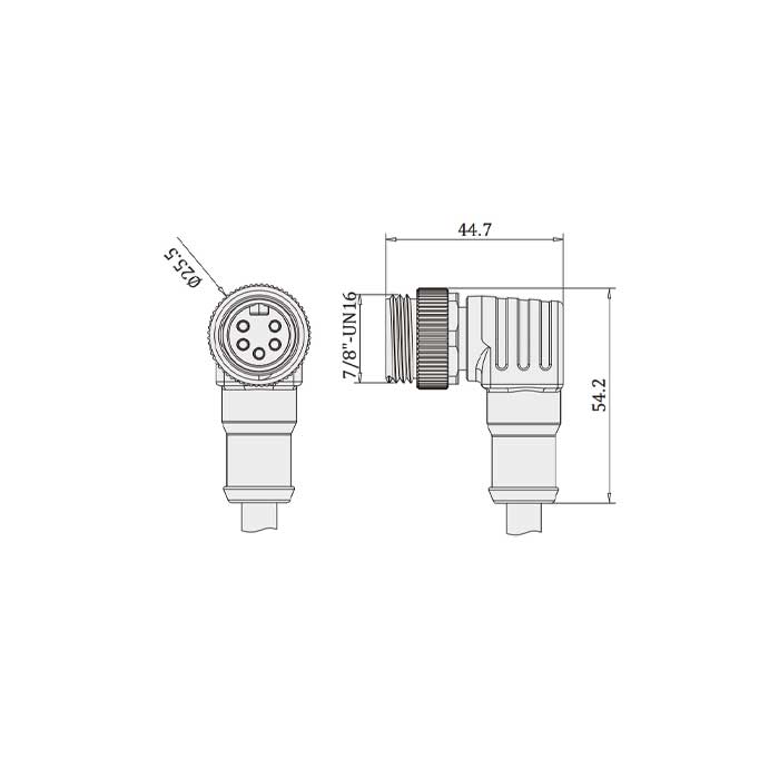 7/8”5Pin、Male 90°、Single-ended precast PUR flexible cable、Black sheath、0PI055-XXX