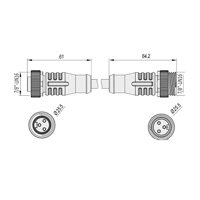 7/8”3Pin 、female straight/male straight、Double-ended precast PVC non-flexible cable、Gray sheath、0PI301-XXX