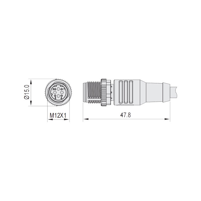 M12 4Pin D-coded、Straight male、Single end pre cast PUR flexible cable、Black sheathed 、64SD35-XXX