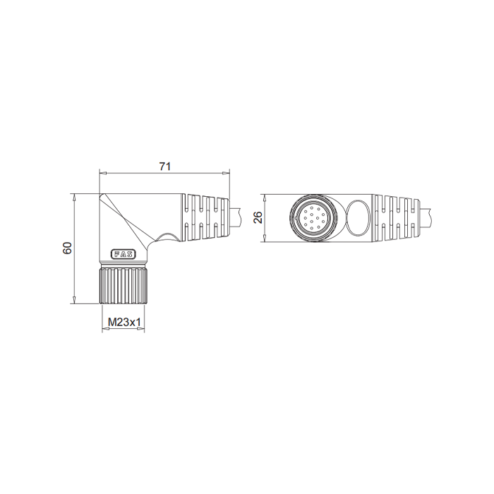 M23 12Pin、Female  90°、Single end pre cast PVC non flexible cable、Gray sheathed、68BB61-XXX