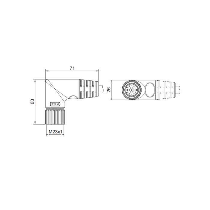 M23 19Pin、Female 90°、Single ended precast PUR flexible cable、Black sheath、68CB51-XXX