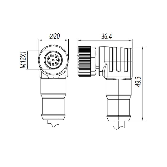 M12 8Pin、Female 90°、Single end pre cast PUR flexible cable、Black sheathed、64S441-XXX