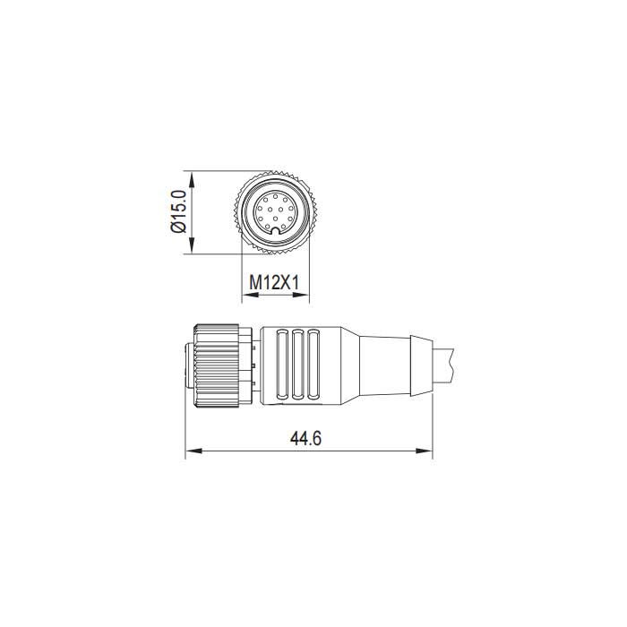 M12 12Pin、Female straight、Single ended precast PVC non-flexible cable、Grey sheath、64S473-XXX