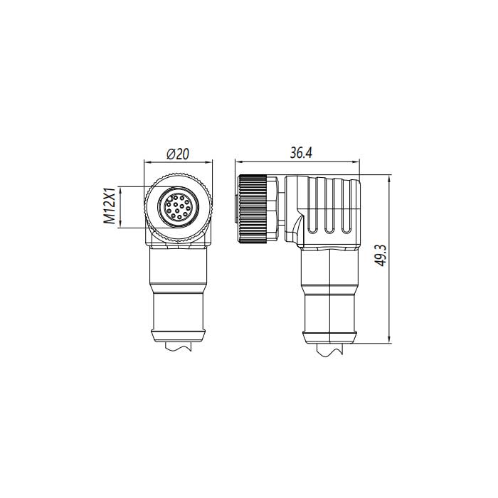 M12 12Pin、Female 90°、Single ended precast PVC non-flexible cable、Grey sheath、64S493-XXX