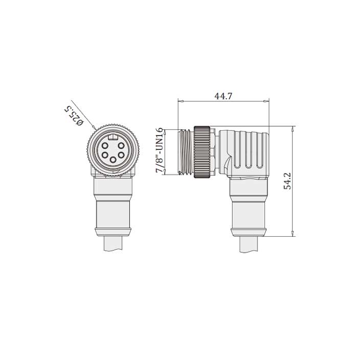 7/8”5Pin、Male 90°、Single end molding PVC non flexible cable、Gray sheathed、0PI051-XXX