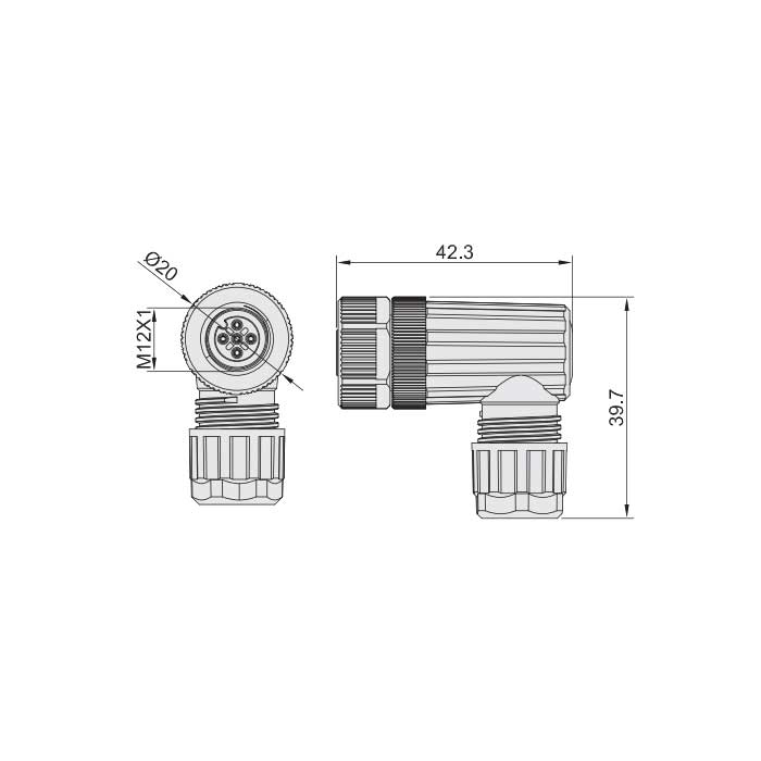 M12 4 Pin、female 90°、Screw connection、64F061 