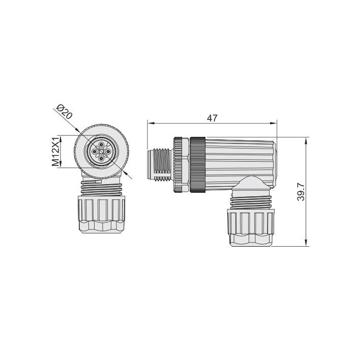 M12 4 Pin、male 90°、Screw connection、64F161 