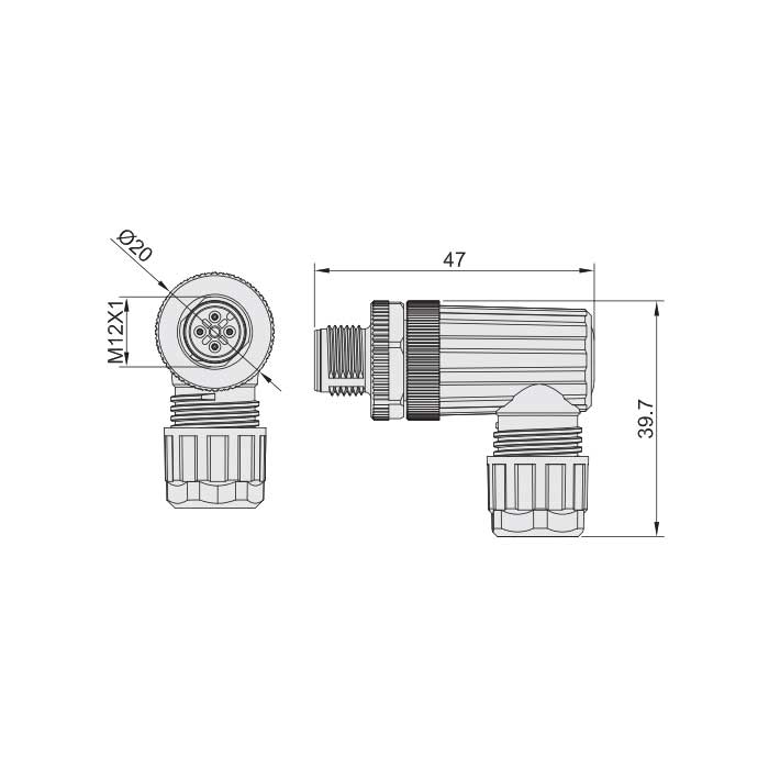 M12 5 Pin、male 90°、Screw connection、64F321