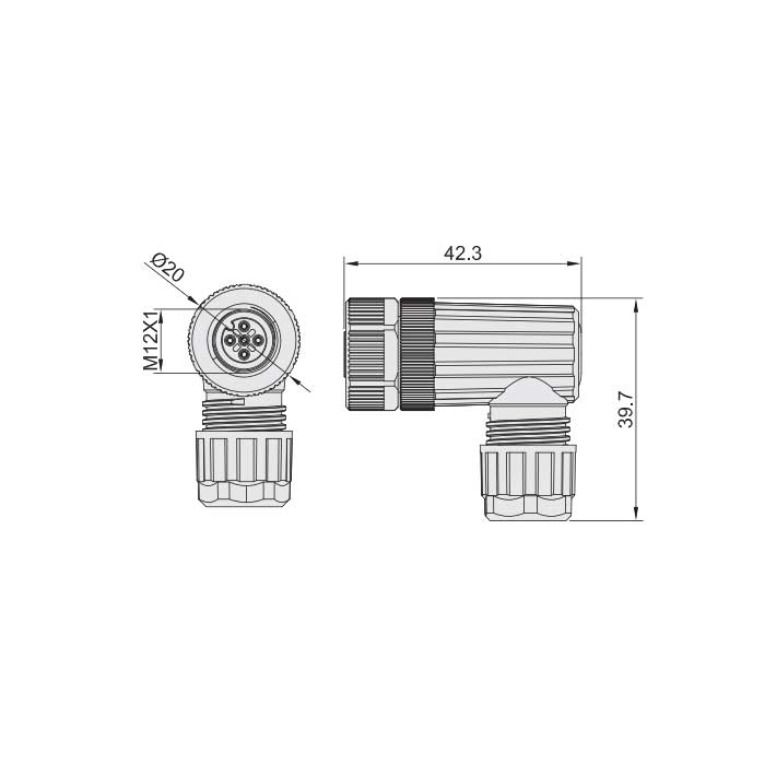 M12 5 Pin、female 90°、Screw connection、64F241 