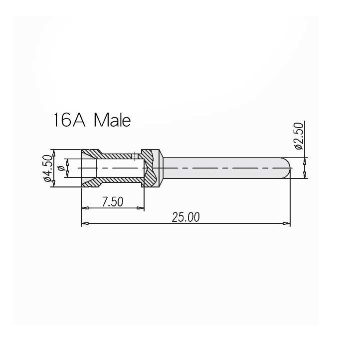 16A gold plated cold press pin、Male、Wire diameter 2.5mm²、DEM-2.5、09330006123