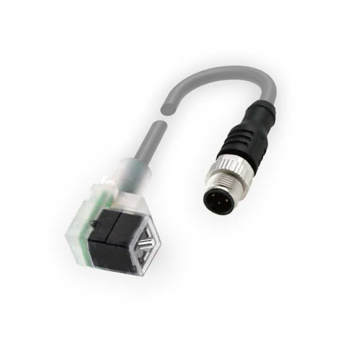 Valve plug type C, industrial, 9.4 mm, 4Pin to M12 male straight, dual-end pre-cast PUR flex cable, black sheath, 6VC061-XXX