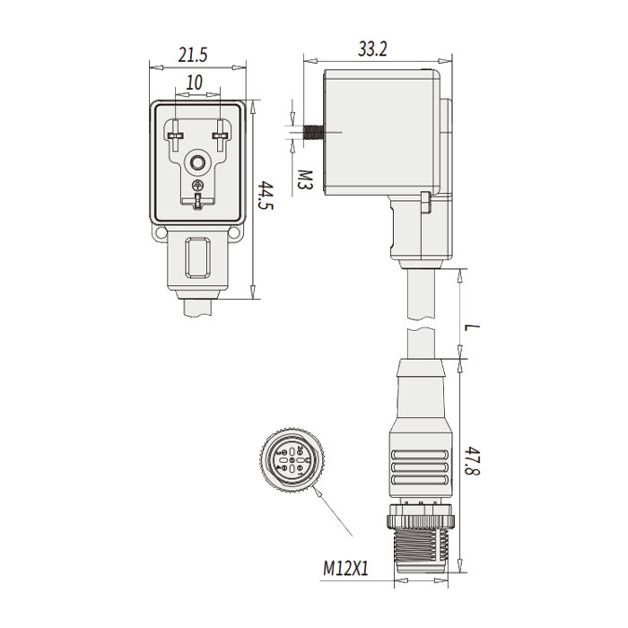 Valve plug type B, DIN, 10mm, 3Pin to M12 male straight, dual-end pre-cast PVC non-flexible cable, grey sheath, 6VB043-XXX