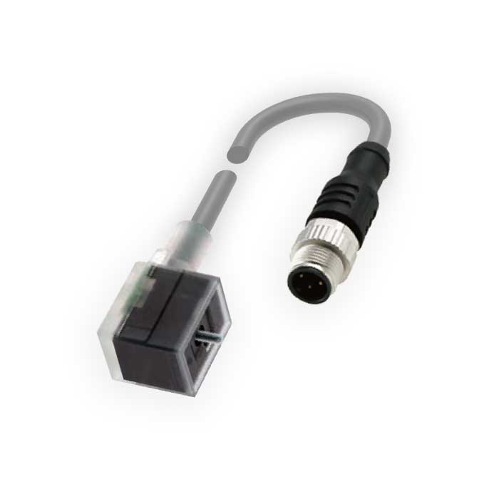 Valve plug type B, DIN, 10mm, 3Pin to M12 male straight, dual-end pre-cast PVC non-flexible cable, grey sheath, 6VB043-XXX