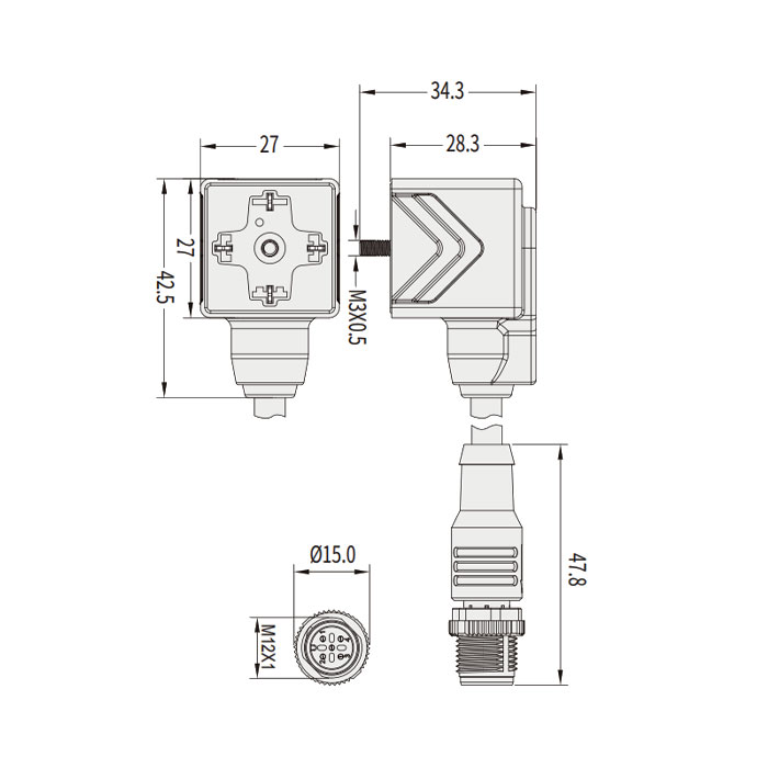 Valve plug type A, DIN, 18mm, 4Pin to M12 straight male, dual end pre-cast PUR flex cable, black sheath, 6VA041-XXX